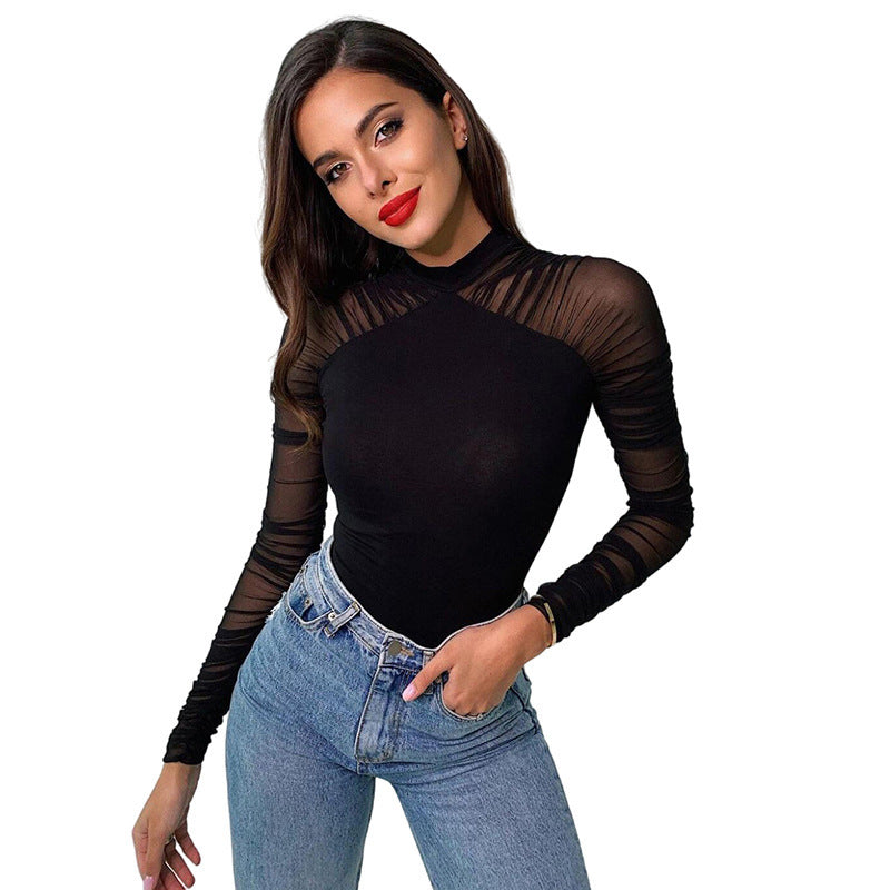 Women's Round Neck Stitching Long-sleeved Slim Solid Color Bodysuit