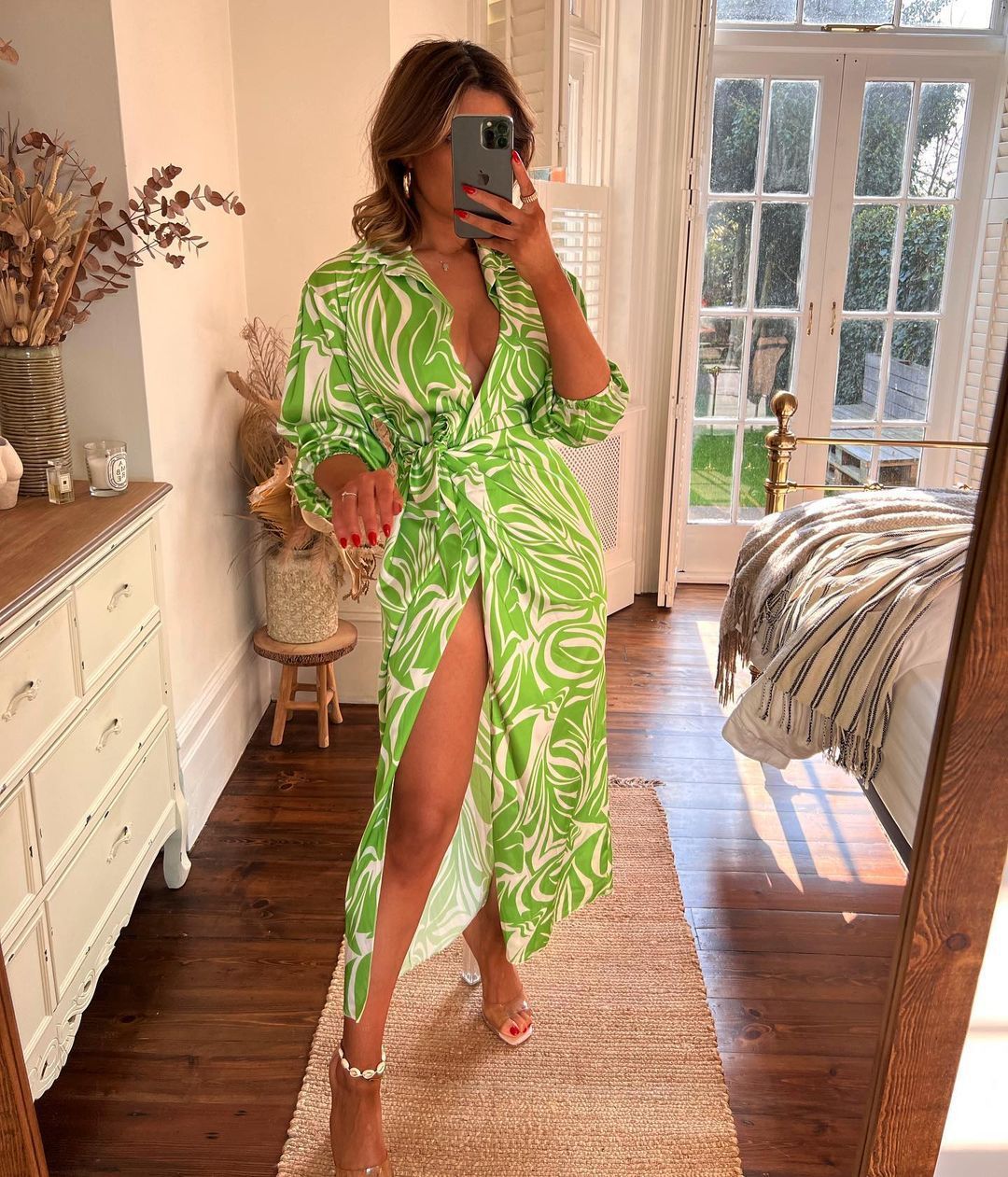 Fashion Print Balloon Sleeve Tie Slit Wrap Dress