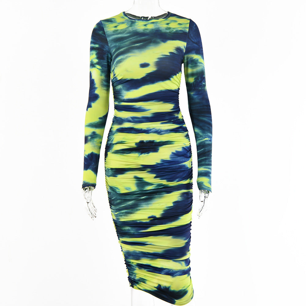 Long-sleeved Round-neck Slim Printed And Dyed Dress