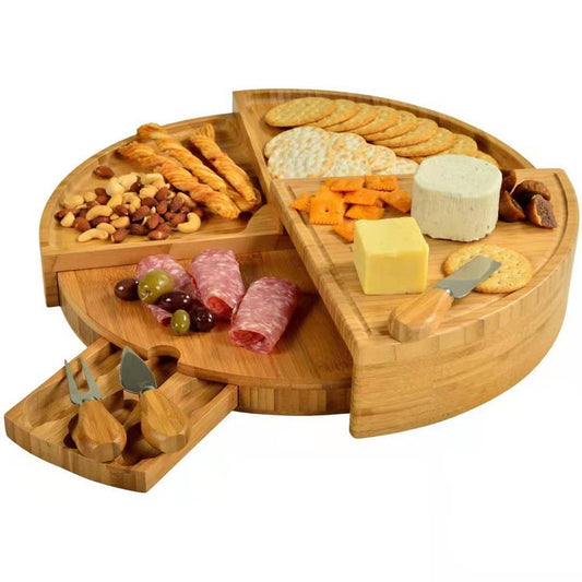 Bamboo Drawer Cheese Cutting Board & Knife Gift Set 13 - Inch Round