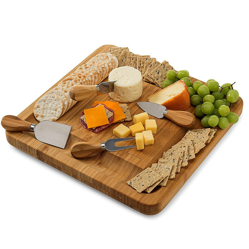 Organic Bamboo Cheese Cutting Board & Knife Gift Set - Serving Tray for Charcuterie Platter