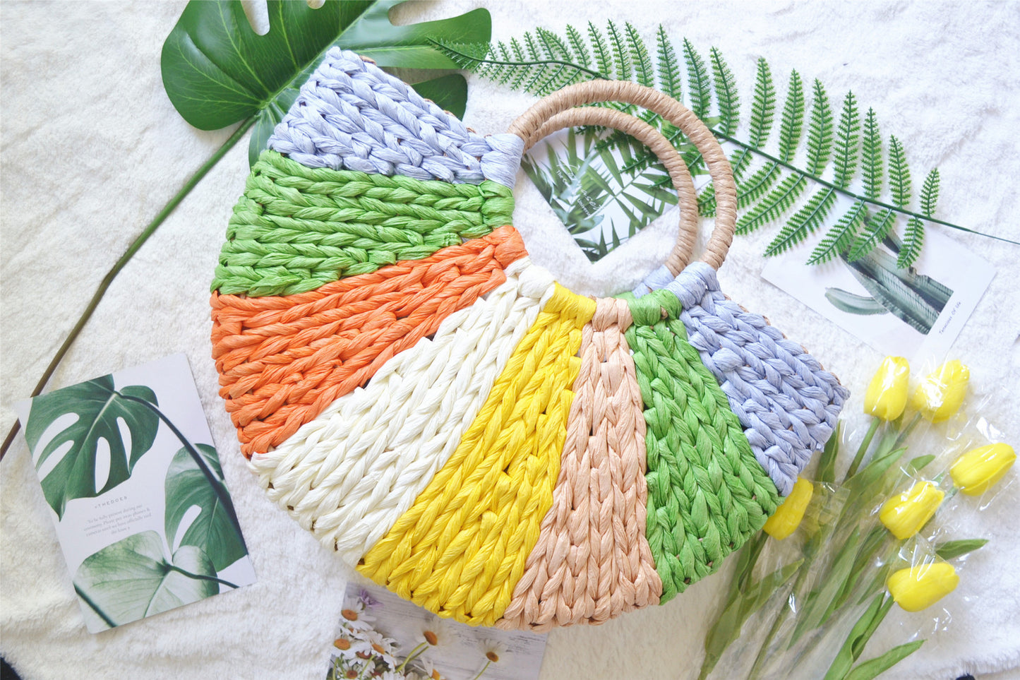 Mixed Color Woven Straw Bag Shell Moon