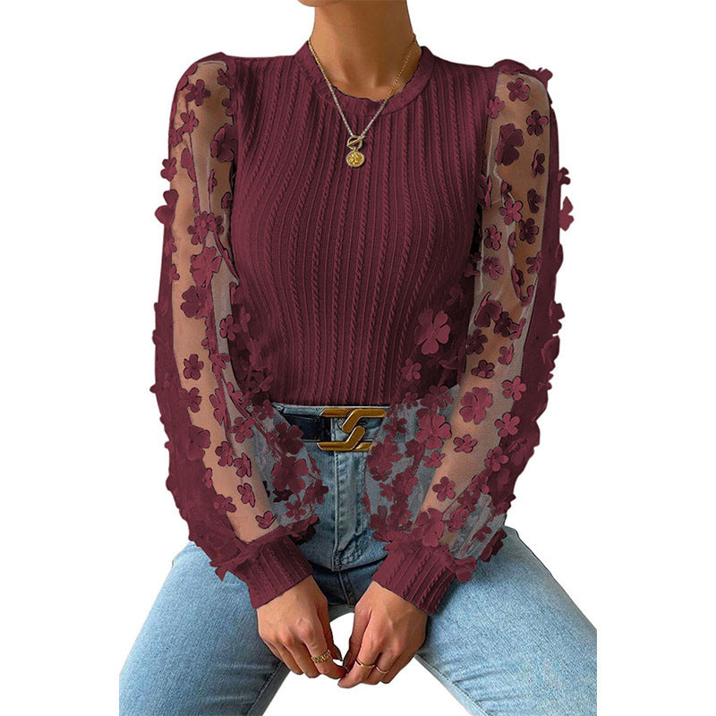 Camisa de gasa con flores pequeñas de malla para mujer Top de manga larga con cuello redondo