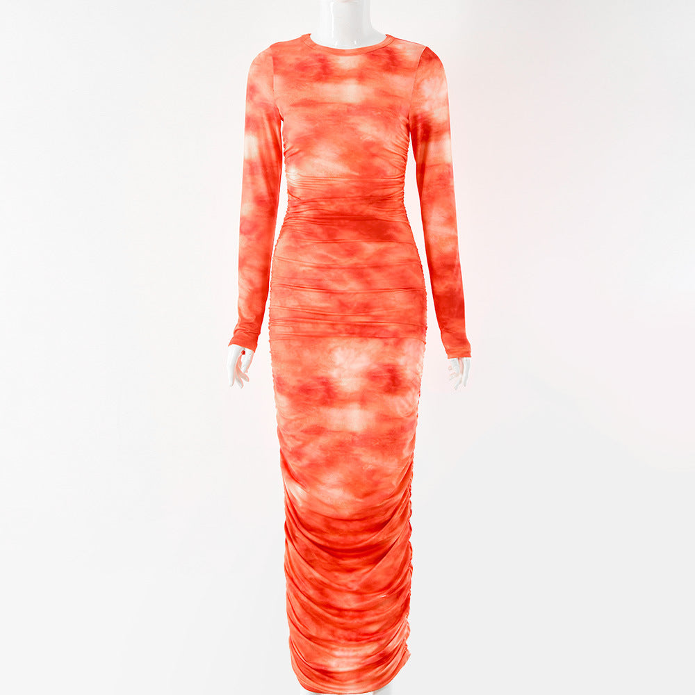 Long-sleeved Round-neck Slim Printed And Dyed Dress