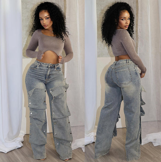 Women's Button High Waist Straight Jeans