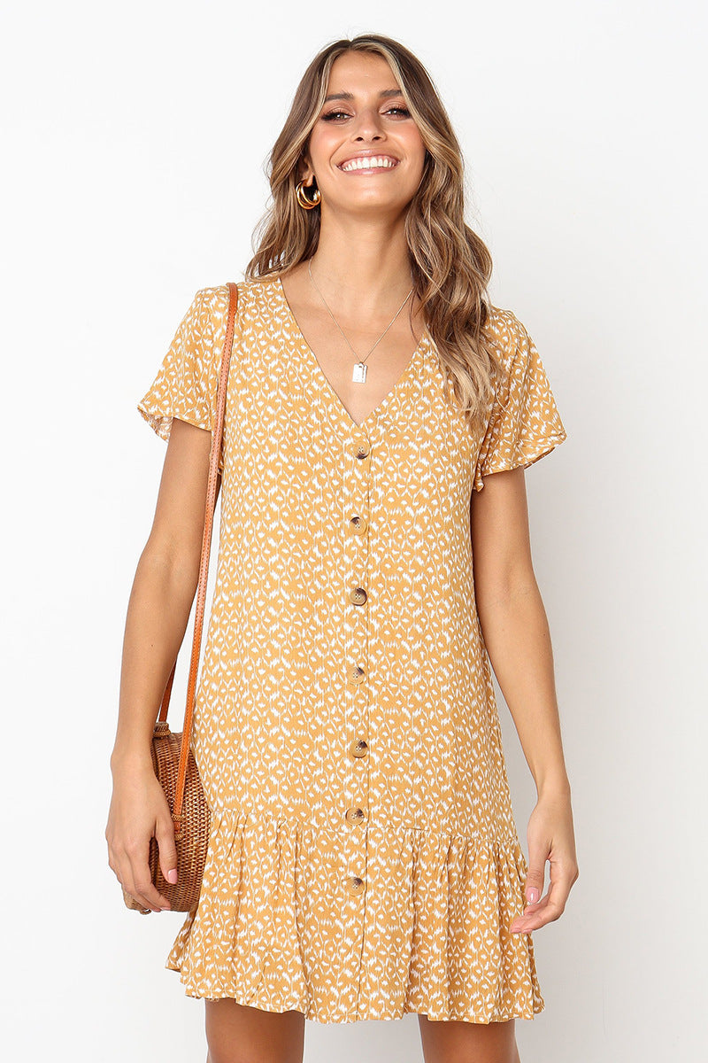 Printed V-neck Button Ruffled Dress