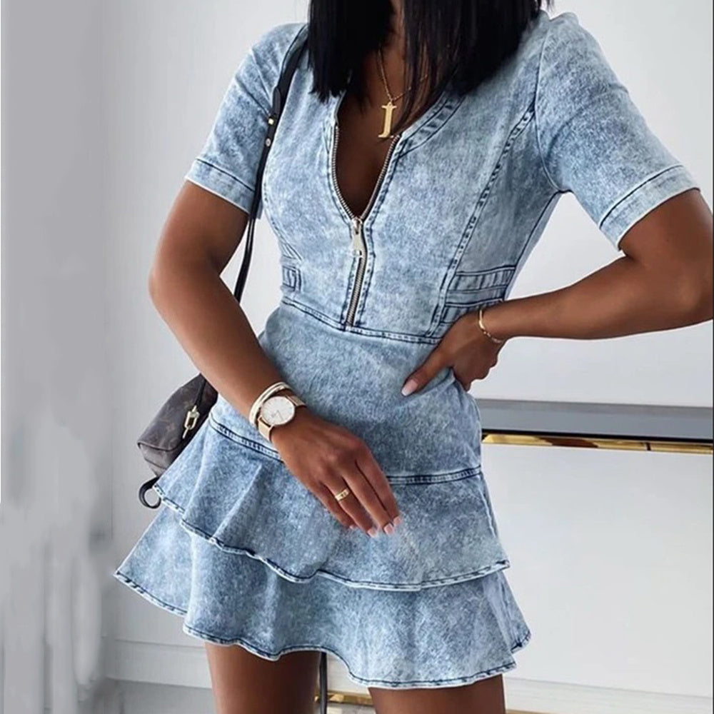 Short sleeve V-neck denim dress