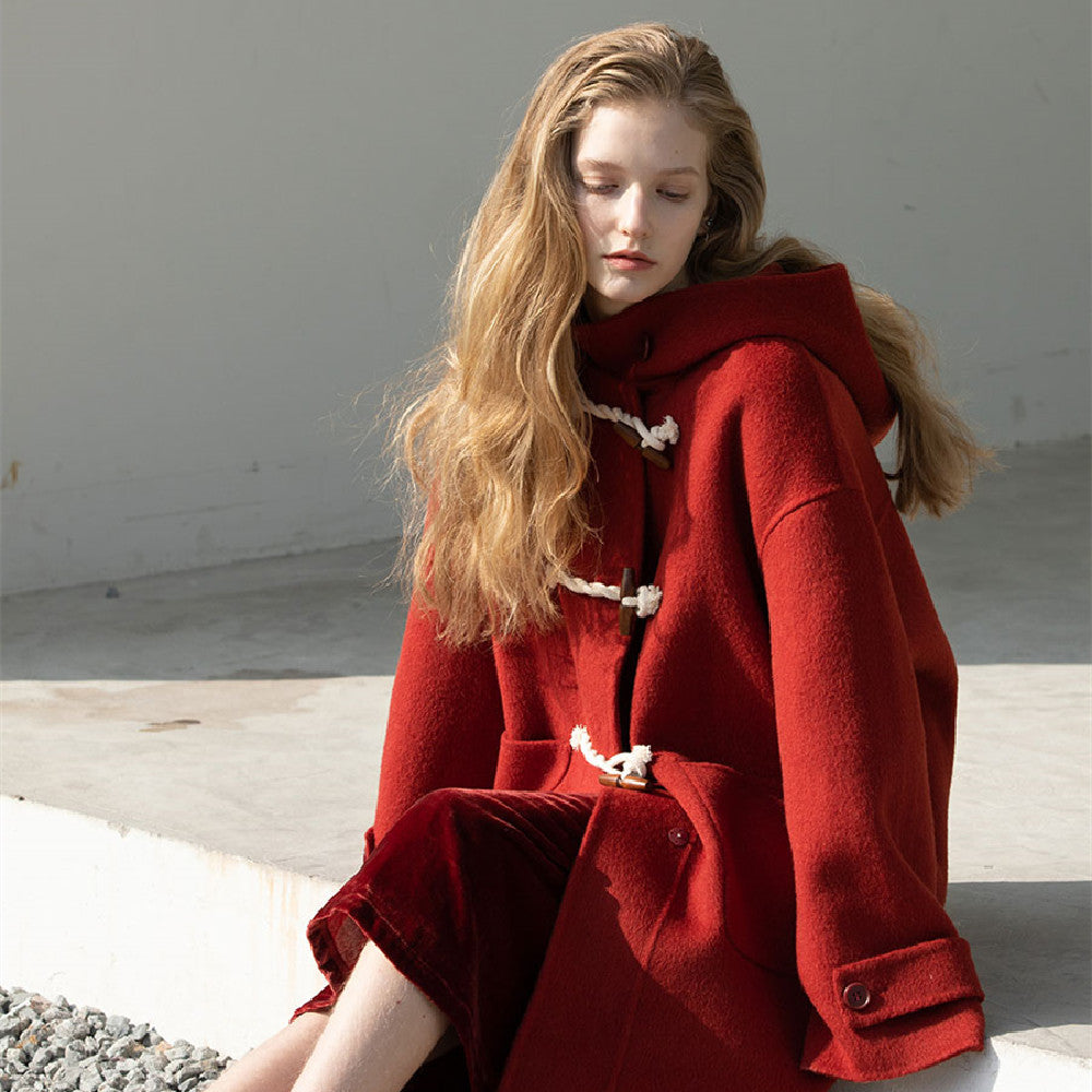 Retro Red Wool Double Faced Woolen Coat Women