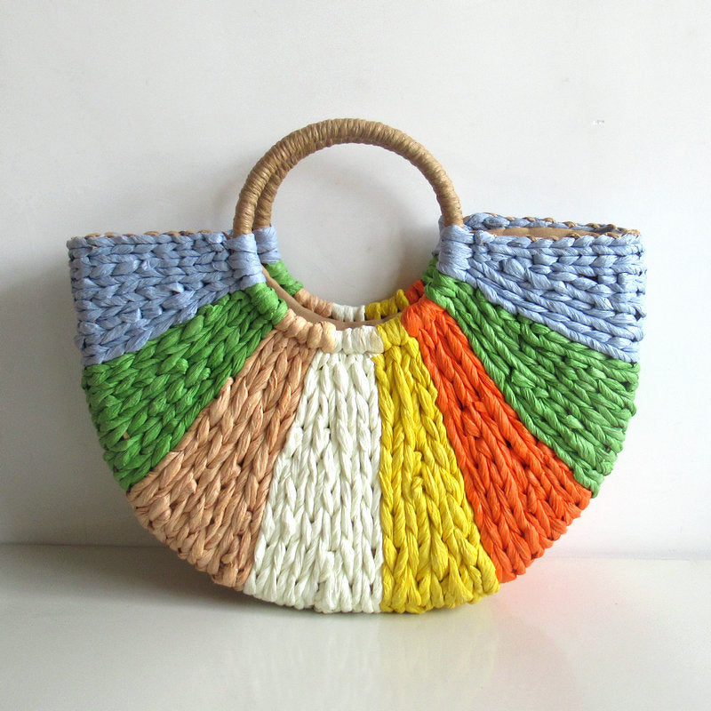 Mixed Color Woven Straw Bag Shell Moon