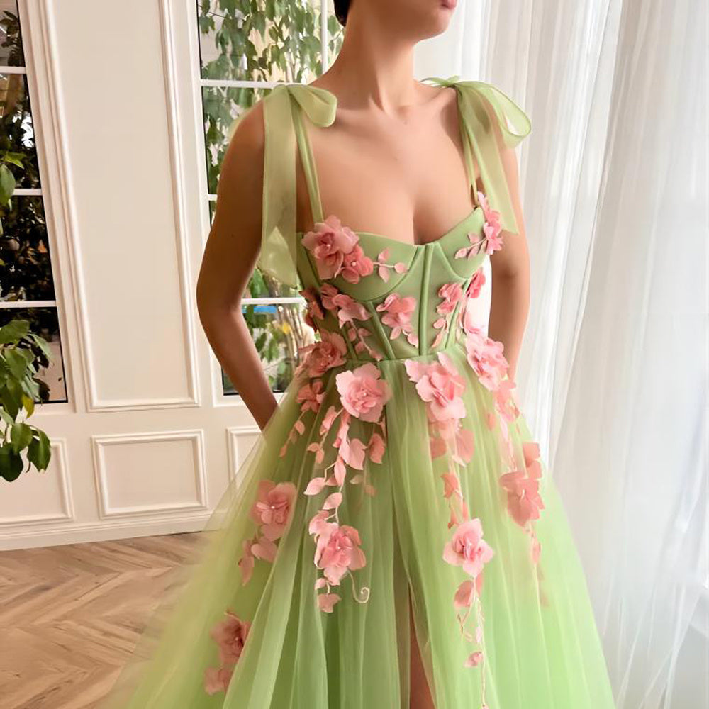 Vestido de flores francés de corte verde