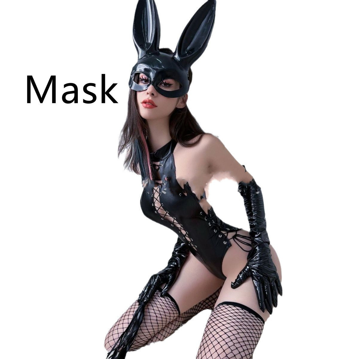Women's Black Open One-piece Hollow Belt-loop Patent Leather Underwear