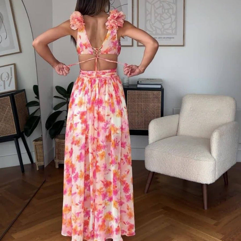Casual Home Floral Backless Dress Women