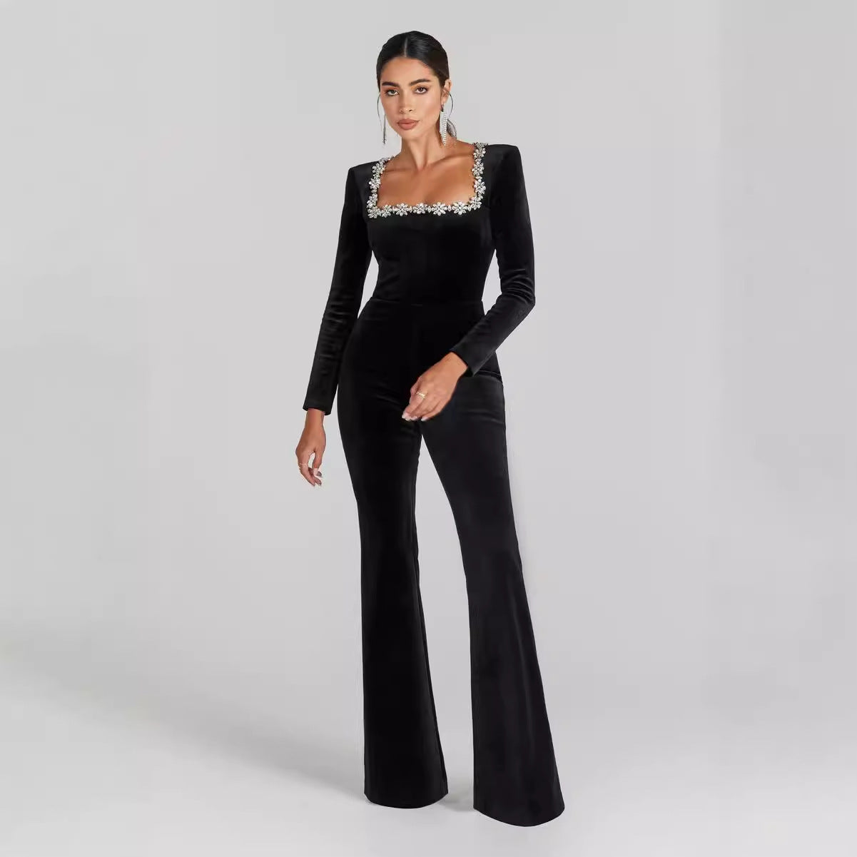 Diamond-encrusted Square Collar Long Sleeve Flared Jumpsuit