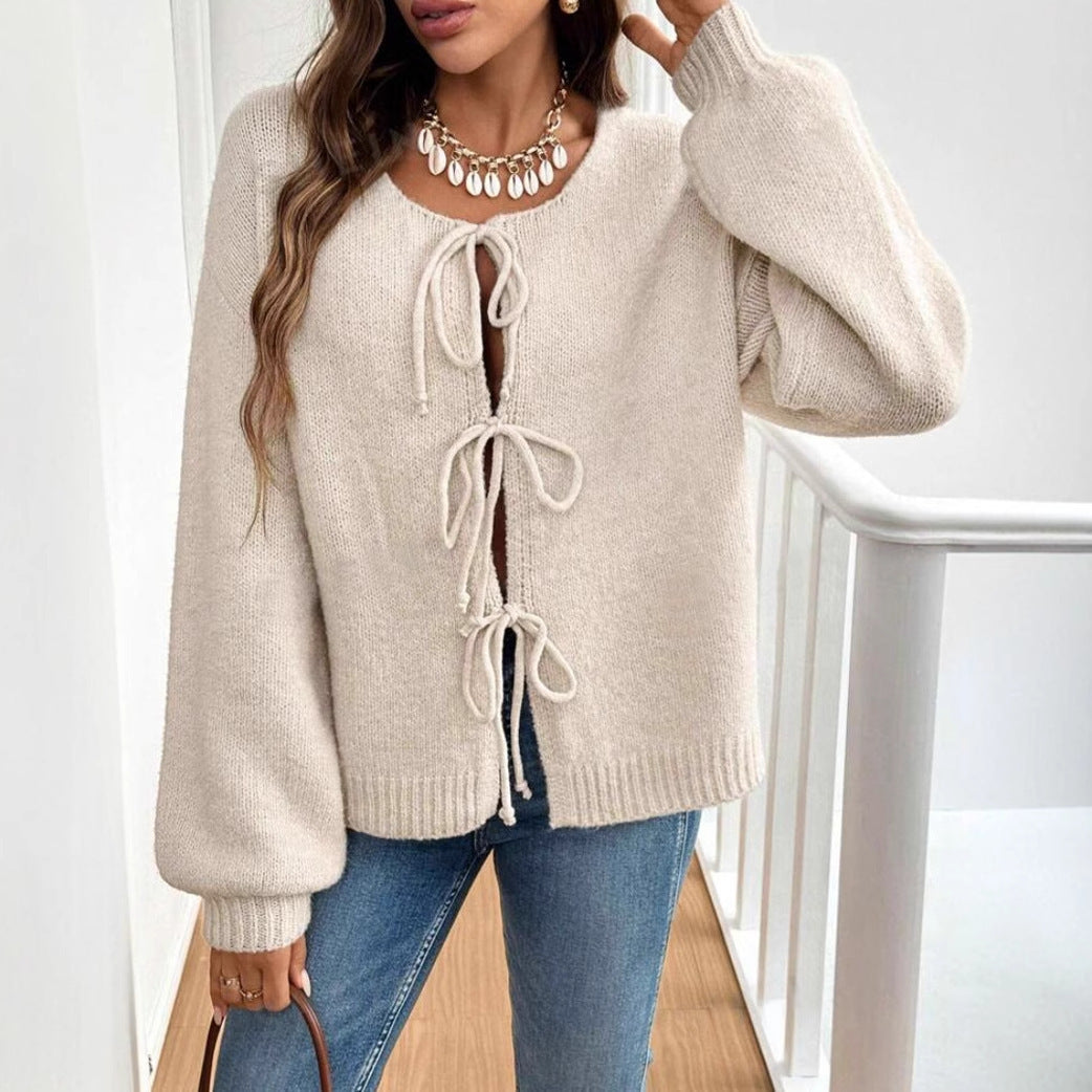 Women's Casual Loose Cardigan Lace-up Solid Color Sweater