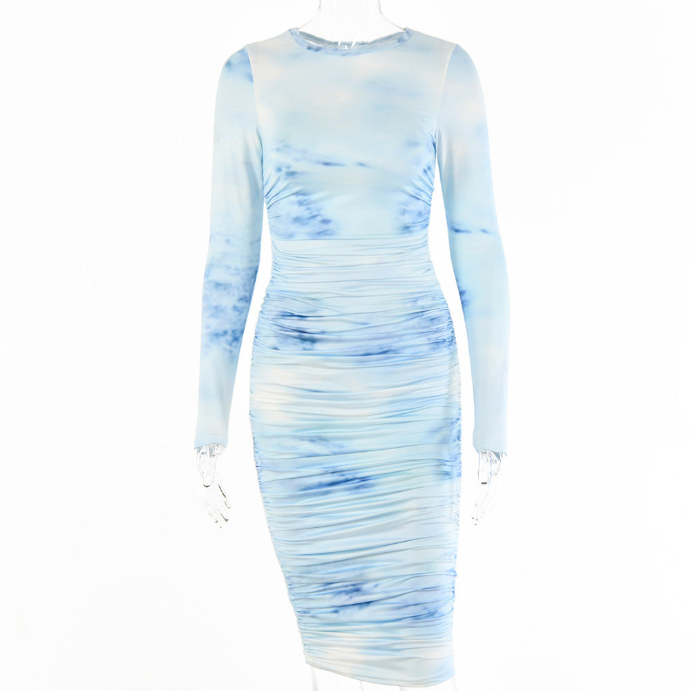 Long-sleeved Round-neck Slim Printed And Dyed Dress