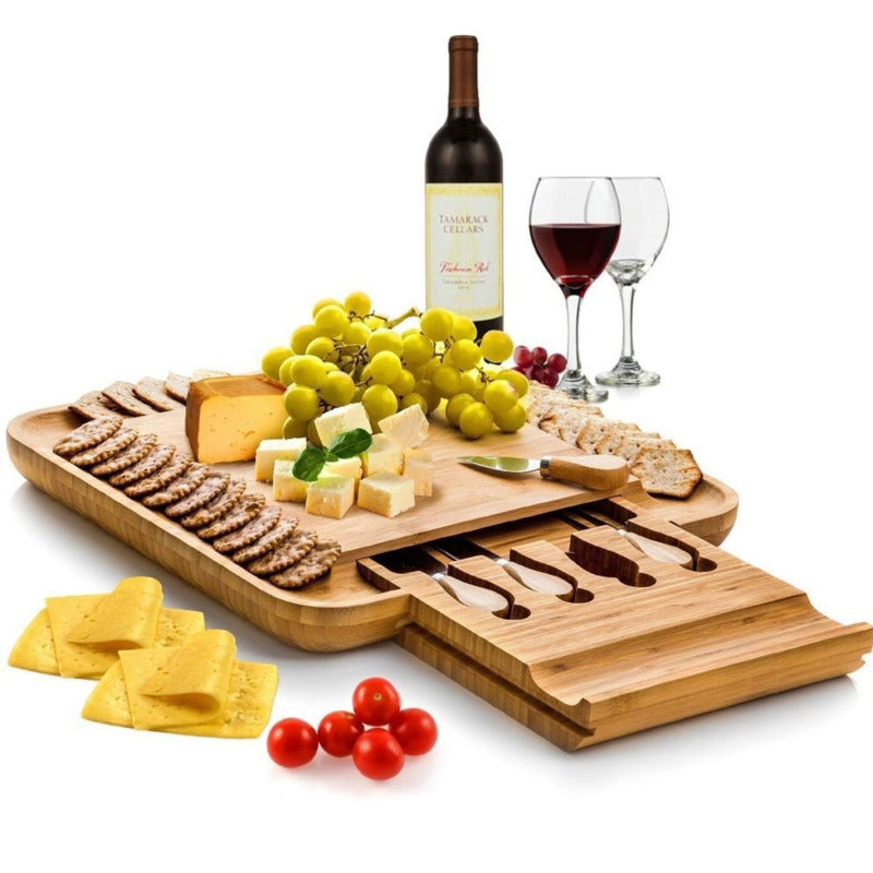 Organic Bamboo Cheese Cutting Board & Knife Gift Set - Serving Tray for Charcuterie Platter