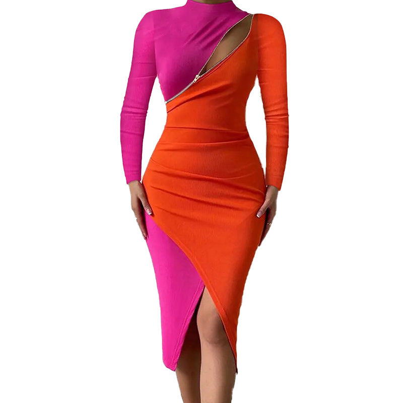 High Waist Long-sleeve Zipper Tight Dress