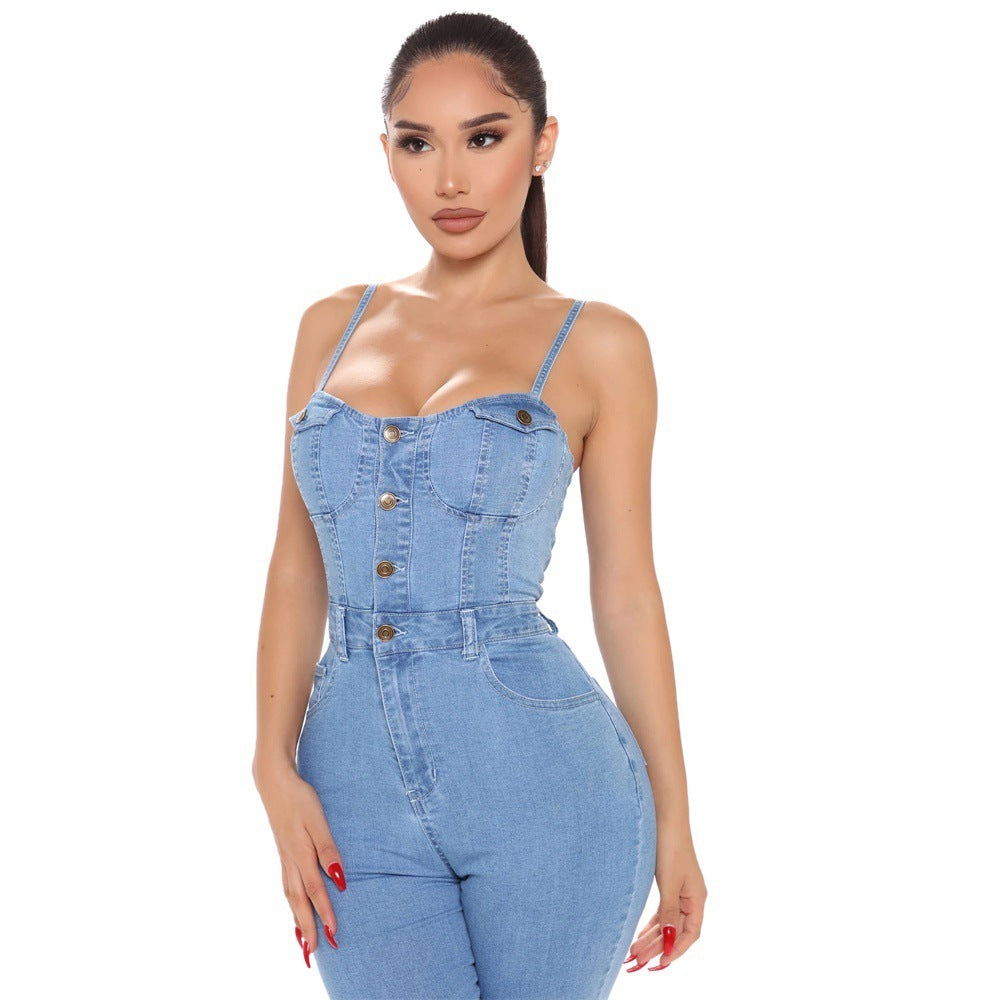 Casual Nightclub Women's High Elastic Denim Jumpsuit