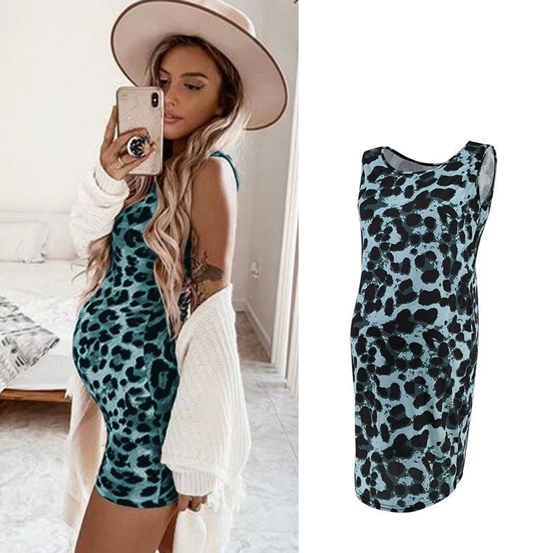 Vestido de leopardo de verano sin mangas para mujeres embarazadas