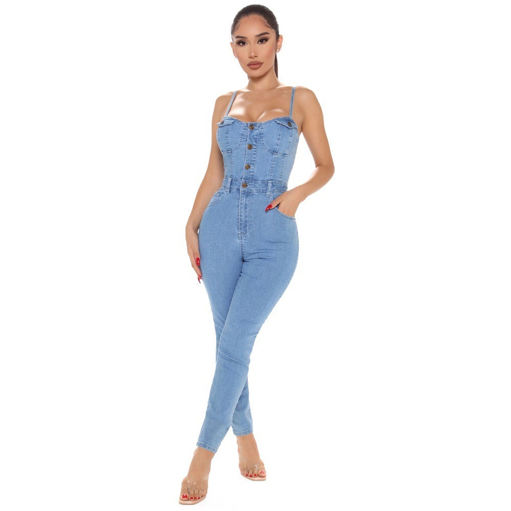 Casual Nightclub Women's High Elastic Denim Jumpsuit