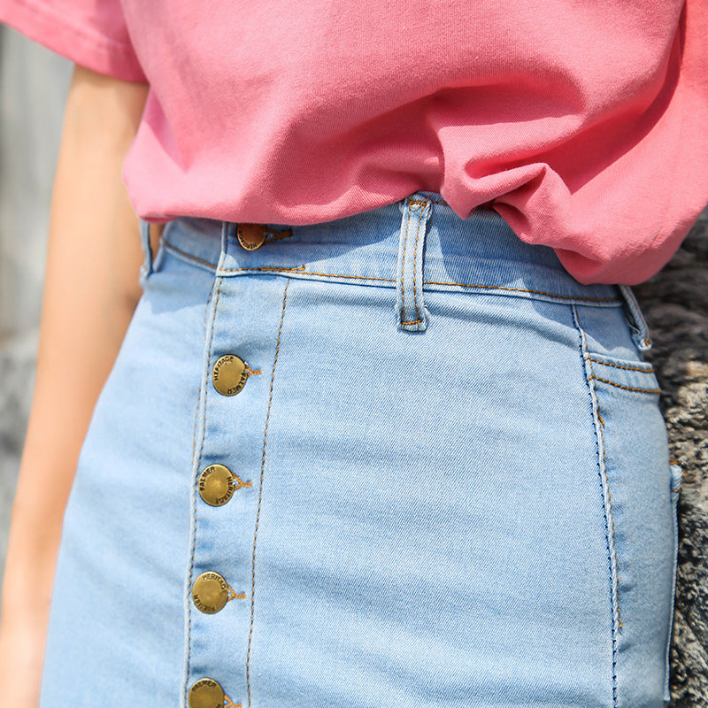 Single-breasted stretch denim skirt