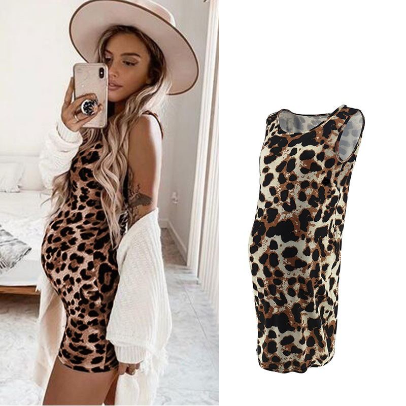 Vestido de leopardo de verano sin mangas para mujeres embarazadas