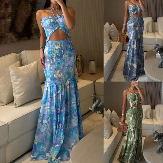 Halterneck Printed Pleated Dress Loose