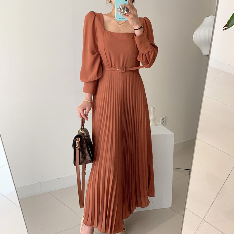 Square Collar Slim Waist Lantern Sleeve Long Pleated Dress