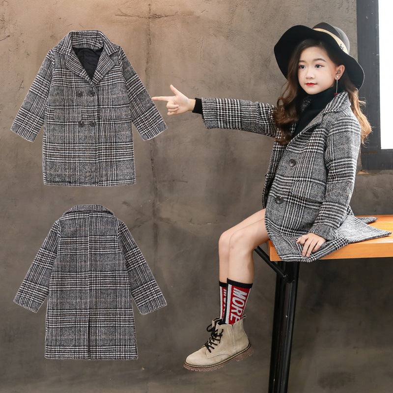 Gray Plaid Houndstooth Coat for Girls