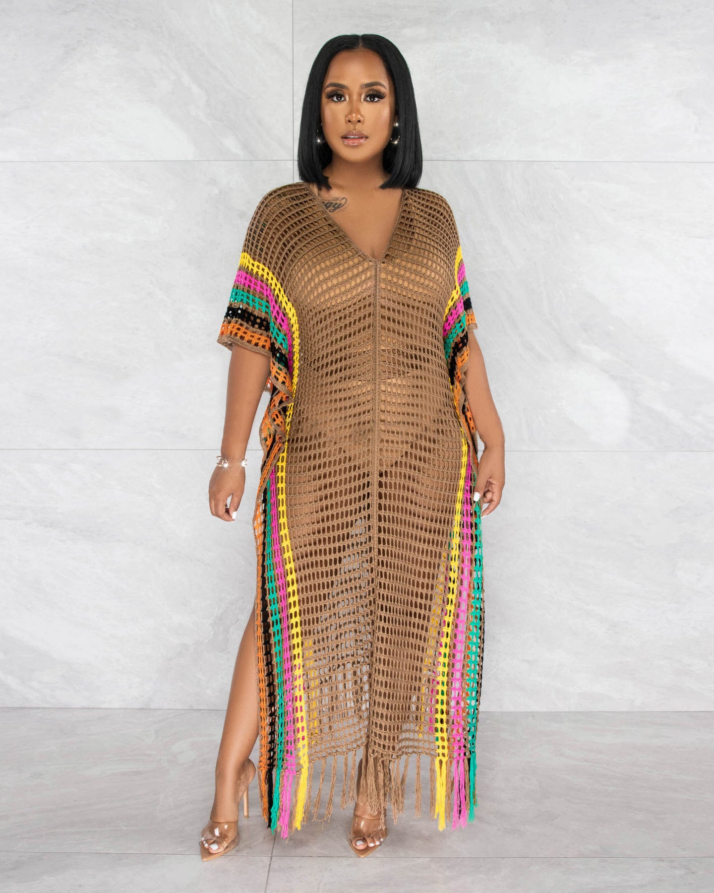 Vestido de playa a juego de colores con borlas de punto de ganchillo sexy para mujer