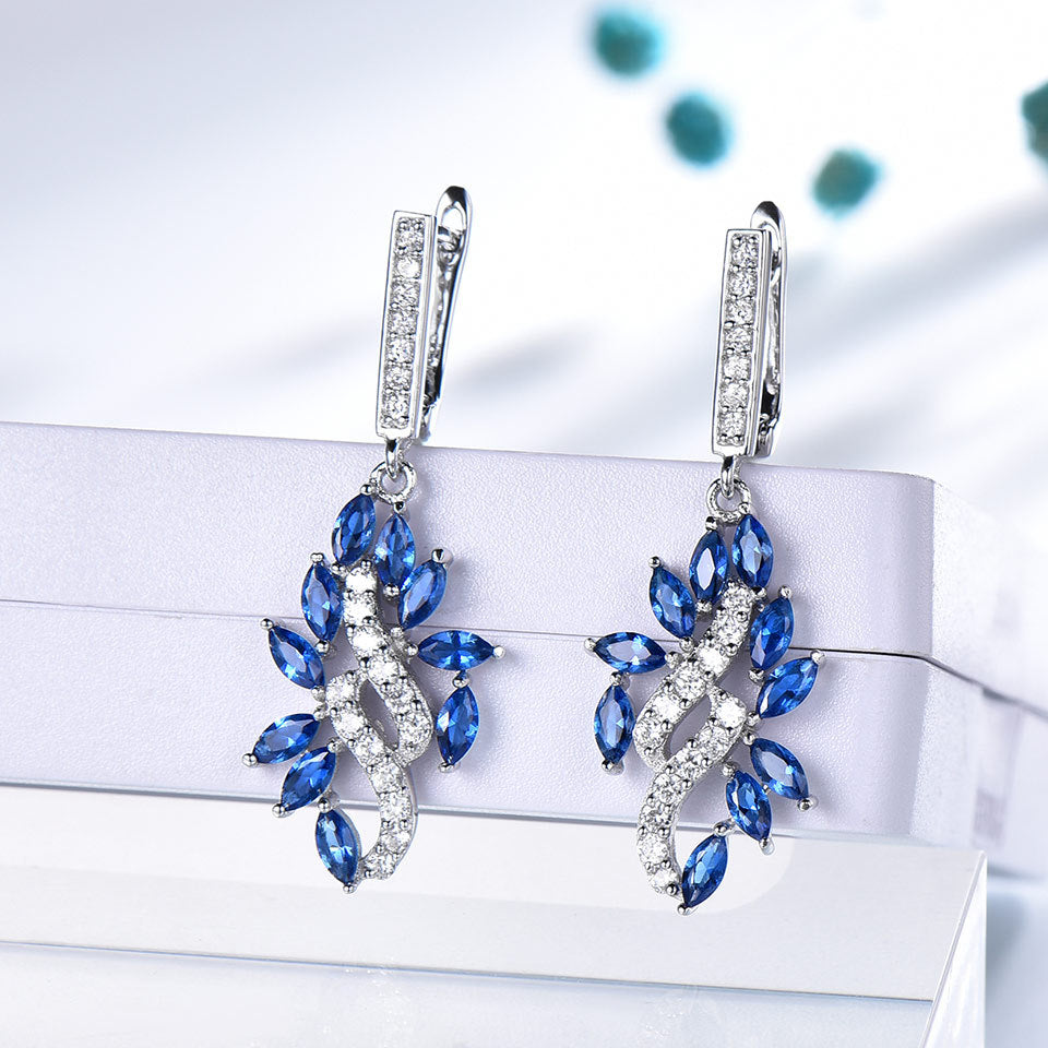 925 Sterling Silver Sapphire Leaf Set With Diamond Pendant Earrings Ring 3 Piece Set