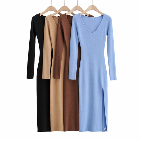 Slim V-neck Over-the-knee Long Skirt Sexy Side Slit Long-sleeved Knitted Dress