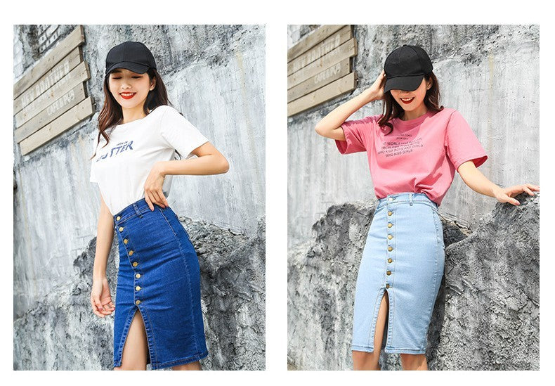 Single-breasted stretch denim skirt