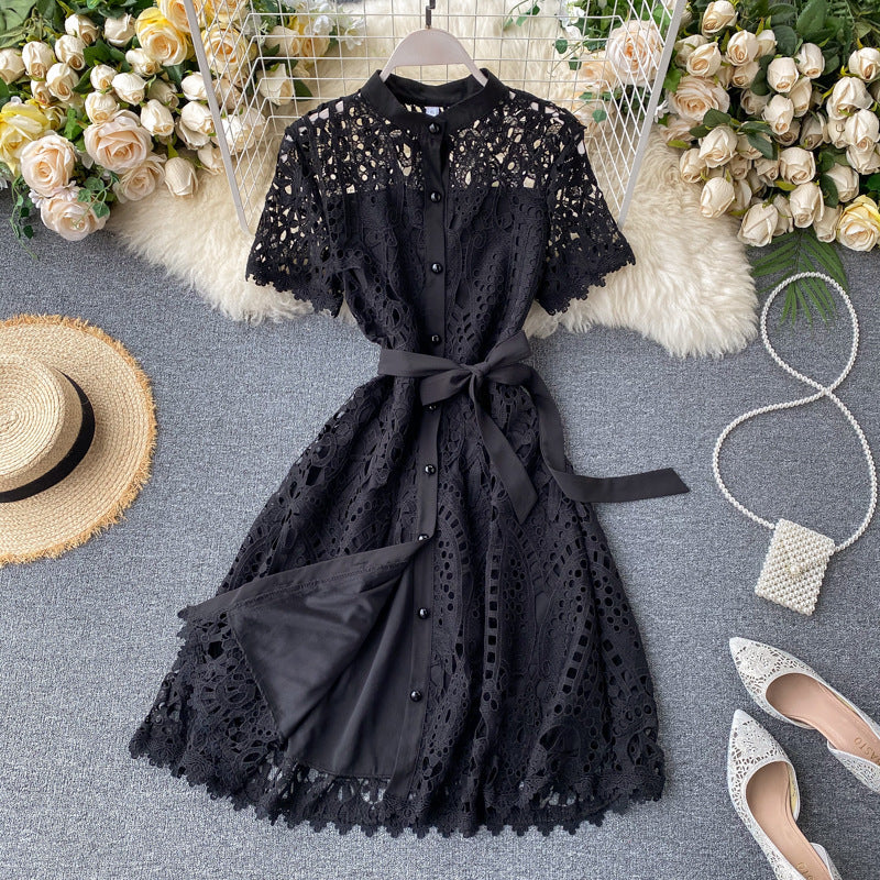 French Retro Cutout Lace Short-sleeved Dress