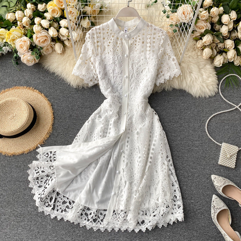 French Retro Cutout Lace Short-sleeved Dress