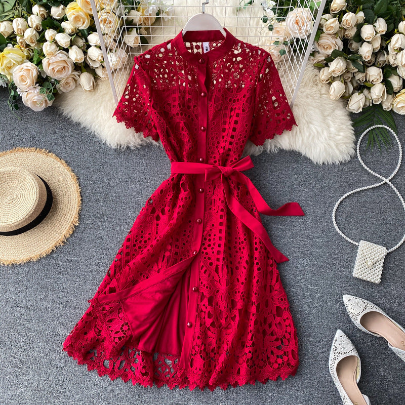 French Retro Cutout Lace Short-sleeved Dress