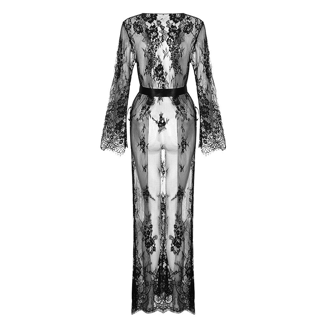 Long Sleeve Lace Dress Fashion Solid Sexy Perspective Pajamas Robe