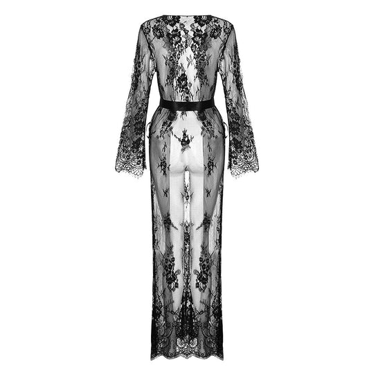 Long Sleeve Lace Dress Fashion Solid Sexy Perspective Pajamas Robe