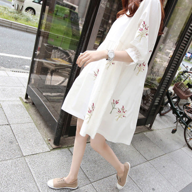 Cotton And Linen Embroidery Maternity Dress And Nursing Clothes