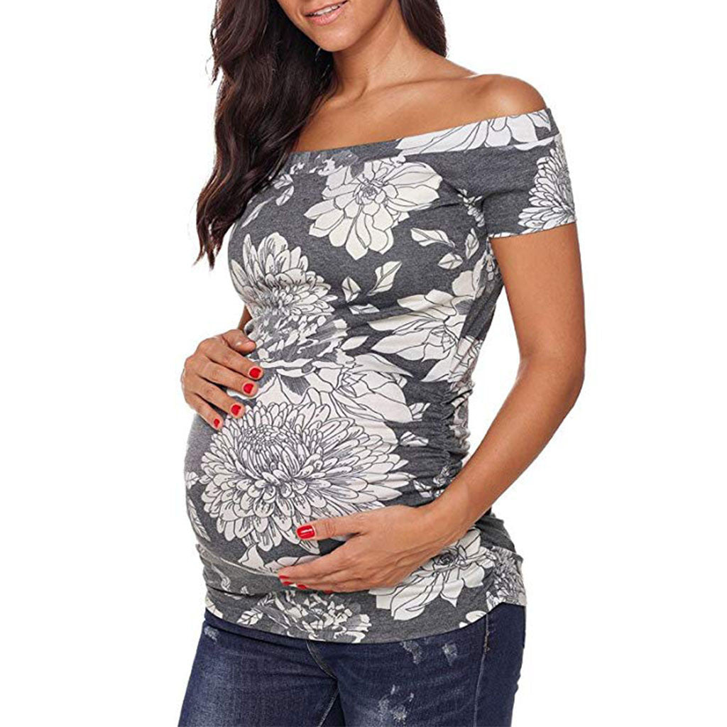 Off Shoulder Short Sleeve Side Ruched Pregnancy T-Shirt Classic Summer Clothes Pregnant Mama