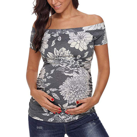 Off Shoulder Short Sleeve Side Ruched Pregnancy T-Shirt Classic Summer Clothes Pregnant Mama