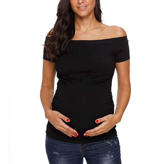 Off Shoulder Short Sleeve Side Ruched Pregnancy T-Shirt Classic Summer Clothes Pregnant Mama