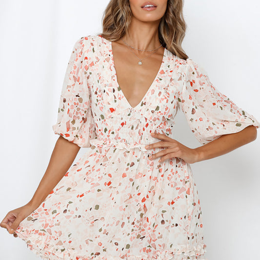 Fresh Chiffon V-neck Printed Short-Sleeved Dress Women