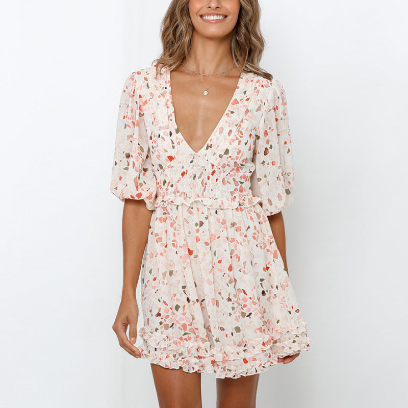 Fresh Chiffon V-neck Printed Short-Sleeved Dress Women