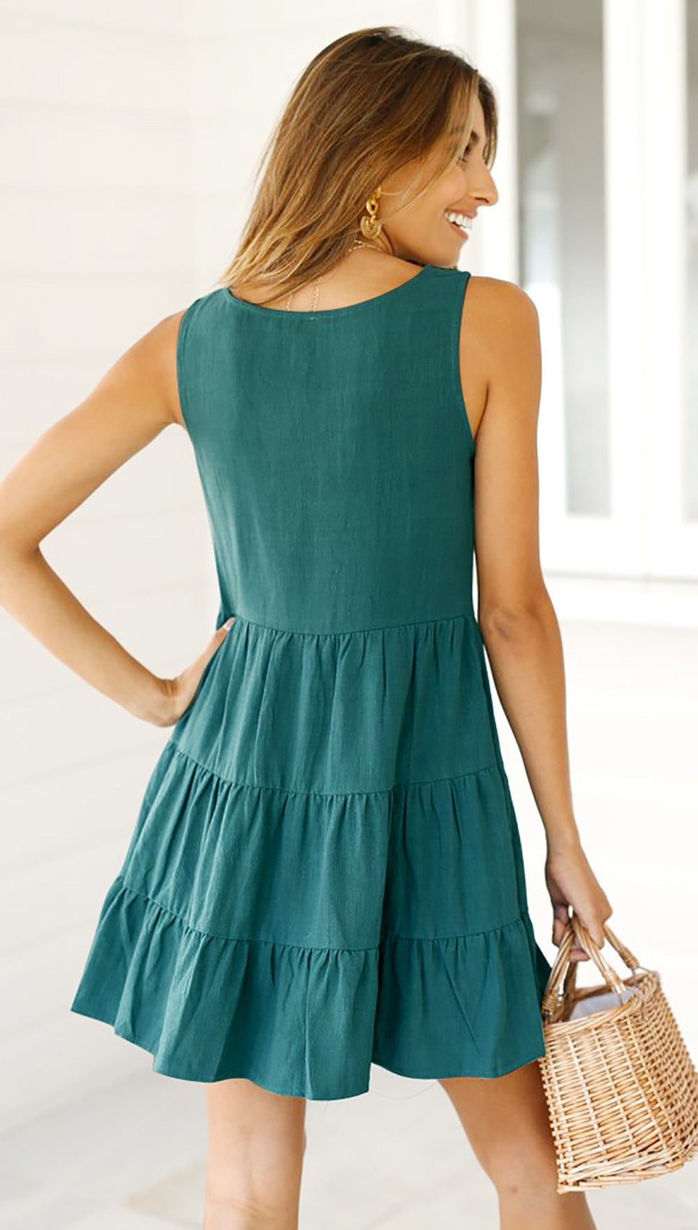 V-neck Button Embellished Vest Ruffle Dress