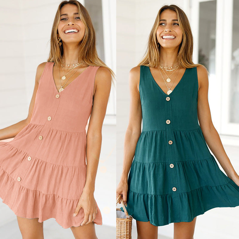 V-neck Button Embellished Vest Ruffle Dress