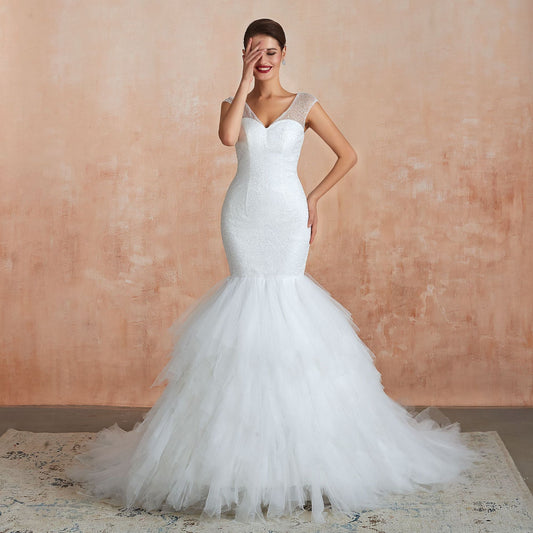 New Fishtail Skirt Wedding Dress Big Tail Bride Female Lead Yarn Mermaid Waist Backless V-Neck