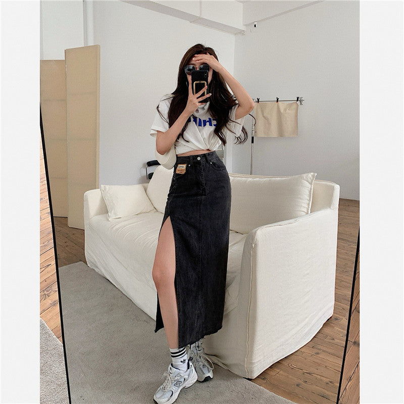 Side Slit Denim Skirt Women High Waist a-line Mid-length