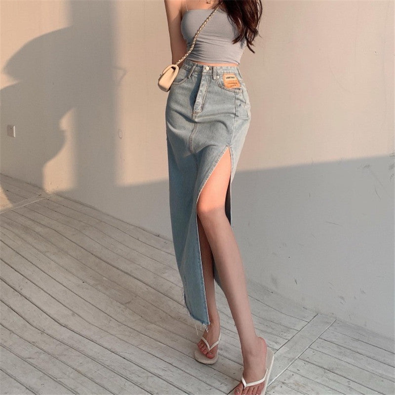 Side Slit Denim Skirt Women High Waist a-line Mid-length