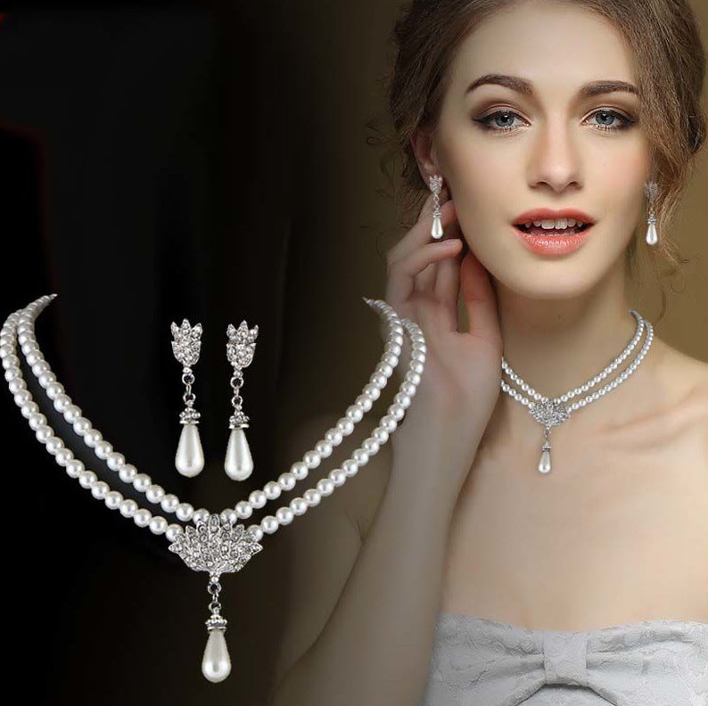 Jewelry Bride Pearl Crystal With Short Collarbone Neck Necklace Set Earrings Korean Version Temperament